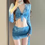 心楠4件套比基尼泳衣女2026新款海边度假保守高级感分体泳装泡温泉 蓝色【建议80-120斤】