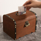 隆屋存钱罐木质复古儿童储蓄罐带锁储钱罐可取成人存钱圣诞生日礼物 复古木制存钱罐-棕色【带锁】