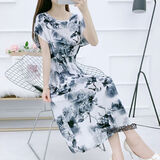 UKMR棉绸碎花连衣裙蝙蝠袖波西米亚中长款海边渡假沙滩碎花人造棉裙子 蝙蝠袖 L 建议95-110斤