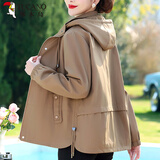 啄木鸟妈妈春秋外套中老年女装洋气2023新款春装大码显瘦连帽上衣 卡其色 3XL 【建议120-135斤】