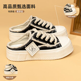 拉夏贝尔女鞋半拖帆布鞋百搭一脚蹬包头休闲懒人鞋子女-A001BR 黑色 36 