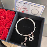 梵际999.9足银手镯繁花似锦helloKitty实心推拉镯kt猫七夕情人节礼物 繁花猫咪银手镯+玫瑰花礼盒 约18克