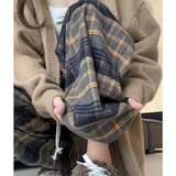 相伊恋人休闲裤女秋冬季25年新款学生宽松高腰阔腿裤小个子显瘦直筒山本裤 黄色格子-常规【春秋磨毛款】 M 码【适合96-110斤】