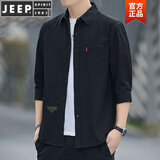 JEEP SPIRIT高档纯棉免烫夏季衬衫男士宽松版七分袖衬衣工装中袖外套 高质量纯棉料七分袖(黑色) 2XL 155斤-175斤