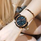 古欧（GUOU）手表女士品牌国表学生石英女款皮带高中女生多功能大表盘潮流腕表 黑皮黑金框