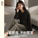 意芬睡衣女春秋可外穿纯棉长袖女士家居服秋冬季100%全棉居家服套装 灰绿 L