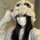 ALFB白鹿跑男同款兔毛绒醒狮帽子女秋冬天新款冬季镂空针织帽毛线帽 米色黑花