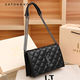 Catonkon ck女包轻奢包包女包时尚菱格链条单肩斜挎包生日礼物送女友老婆 黑色