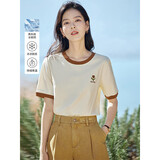 茵曼凉感撞色绣花女装正肩短袖t恤2025夏季新品打底衬衫上衣 梨花杏 S