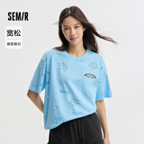 森马（Semir）【夏日T恤合辑】短袖T恤女中长款满印夏印花落肩上衣宽松显瘦凉感 B款中长款宽松满印-天空蓝81114 160/84A/M