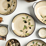 舍里美式陶瓷手绘西餐盘子圆盘彩色牛排盘汤盘菜盘沙拉盘微波炉餐盘 竹叶-深盘 7英寸 单个入