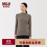 无印良品（MUJI）女式 起毛罗纹编织半高领长袖T恤 上衣打底衫女款内搭春秋女装 炭灰色条纹 M （160/84A）