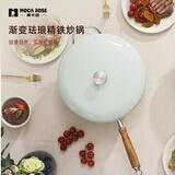 摩卡色mocarose摩卡色珐琅精铁锅升级版炒锅家用炒菜锅无涂层燃气灶专用 奶油绿- 32cm