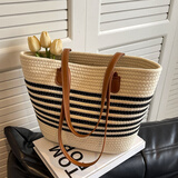 星昔草编包包女夏季海边托特包大容量编织单肩包藤编草包菜篮子水桶 米白色