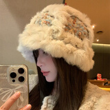 ALFB兔毛帽子女冬季可爱显脸小新款渔夫帽保暖毛线帽毛绒醒狮帽大头围 撞色系