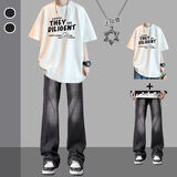 卡度顿夏季港风ins短袖t恤套装男韩版潮流帅气搭配学生休闲男装衣服 白色+ TG24黑色+项链 XL 【建议121-140斤】