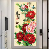 Dincmei顶创美新中式入户玄关装饰画自粘客厅走廊过道墙壁贴画3d立体墙纸山水画 084.花开富贵 宽30cm-高60cm 自粘贴画【背面带胶】