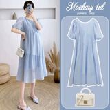 普雷芳孕妇装夏装小个子孕妇连衣裙中长款宽松外出遮肚雪纺短袖孕妇裙子 蓝色裙 XL(建议125-145斤)