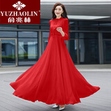 俞兆林（YUZHAOLIN）新款女长袖系带领纯色雪纺连衣裙修身显瘦沙滩度假长款大摆裙 红色 XL _建议115-125斤