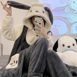 梦舒纷睡袍女冬睡衣春秋季可爱学生中长款加绒加厚宿舍家居服珊瑚绒卡通 灰色帕恰狗+裤子 XL