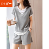 红蜻蜓（RED DRAGONFLY）假两件休闲套装女夏季新款宽松舒适女士T恤短裤运动两件套 灰色 L