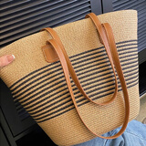 万佳臻草编包包女包2025新款夏季海边托特包女大容量编织单肩包藤编草包 草编包【卡其黑彩】