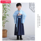 奥蒙威儿童古装汉服国学服朗诵表演男女中国风服小学生中秋演出服BY05 99-2蓝色大袖 150