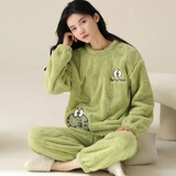 仙之仪 秋冬季加厚女士睡衣大码休闲韩版简约家居服保暖法兰绒套装 绿色蛙 M