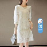 德玛纳（dme）【夏日仙气欧根纱刺绣】春秋季圆领泡泡袖a字连衣裙子女中长款 米白 M