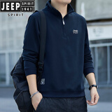 JEEP SPIRIT吉普纯棉卫衣男士春秋季新款宽松大码立领半拉链休闲套头长袖上衣 藏青 XL 120-140斤
