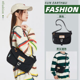 sun earth&u新品工装风多隔层大容量斜挎包女情侣防水休闲时尚休闲包单肩包潮 黑色