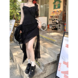 亿梵莎（YIFANSHA） 碎花吊带连衣裙2024春夏装新款气质女神范开叉设计感仙女中长裙 黑色吊带裙（单件） 均码（可备注码数）