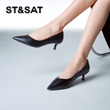 星期六（St&Sat）女鞋石头纹羊皮革通勤浅口猫跟单鞋 黑色（皮面） 38