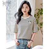 初申华夫格条纹短袖T恤女猫咪刺绣宽松半袖上衣S144T1834
