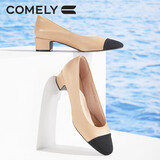 康莉小香风单鞋女春季拼接羊皮法式粗跟通勤百搭高跟鞋鞋子 杏色 39 
