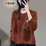 子牧棉麻秋装 女复古文艺风刺绣圆领针织开衫气质百搭显瘦外套9926 橘色 均码(建议95-140斤)