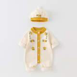 圆圆米米婴儿衣服连体衣春秋装3新生儿外出服4男5女宝宝6冬装洋气满月爬服 XFC8058款连体毛衣米色 有帽 80cm 6-9个月16-20斤