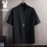 花花公子（PLAYBOY）冰丝短袖T恤男士夏季纯色亚麻运动速干半袖宽松百搭打底衫上衣服t T12黑色 2XL (161-180斤)