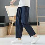 亚麻九分裤男夏季薄款中国风棉麻直筒裤宽松大码胖子哈伦休闲裤子 藏青色 2XL 【130-145斤】