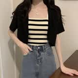 妙奕嘉防晒针织开衫女配长裙子短上衣夏季薄款外搭新款吊带罩衫坎肩 短袖开衫【黑色】 均码