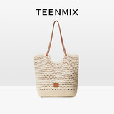 天美意（TEENMIX）女包针织托特包度假大容量手提旅行包通勤单肩包生日礼物送女友