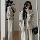 舒芳蝶（shufangdie）休闲卫衣运动套装女2025秋季时尚显瘦减龄阔腿裤连帽跑步两件套潮 卡其灰外套+裤子 M