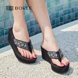 宝人（boree）拖鞋女坡跟夏季新款民族风防滑松糕夹脚人字拖时尚外穿高跟凉拖鞋 中跟黑色5厘米 36