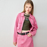 乐町复古休闲工装口袋牛仔外套女春季新款落肩宽松夹克上衣 粉色（现货） M