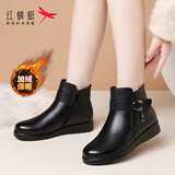 红蜻蜓女鞋时装靴秋冬加绒真皮头层牛皮短靴女靴马丁靴妈妈鞋皮靴女皮鞋 WTC433971R 黑色加绒 39