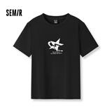 森马（Semir）【夏日T恤合辑】短袖T恤女中长款满印夏印花落肩上衣宽松显瘦凉感 F款短款修身印花-黑色90001 155/80A/S