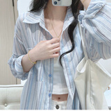 条纹棉麻衬衫女春夏季休闲宽松防晒长袖衬衣薄款上衣秋装外套潮 蓝色条纹 M （95-130斤）