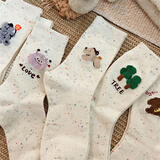 宝盖丁点子纱可爱袜子女中筒棉袜卡通秋冬白色ins潮女生加厚冬季长袜 大圆脸+玩具狗+贪吃熊+猫+树 5双 均码