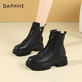 达芙妮黑色马丁靴女款2025秋冬季加绒皮靴厚底英伦风增高靴子短靴