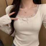 妙奕嘉白色内搭蕾丝打底衫女纯欲辣妹上衣修身微胖显瘦秋季衣服可外穿 磨毛纯欲蕾丝蝴蝶结长袖【白】 均码 （建议75-120斤）